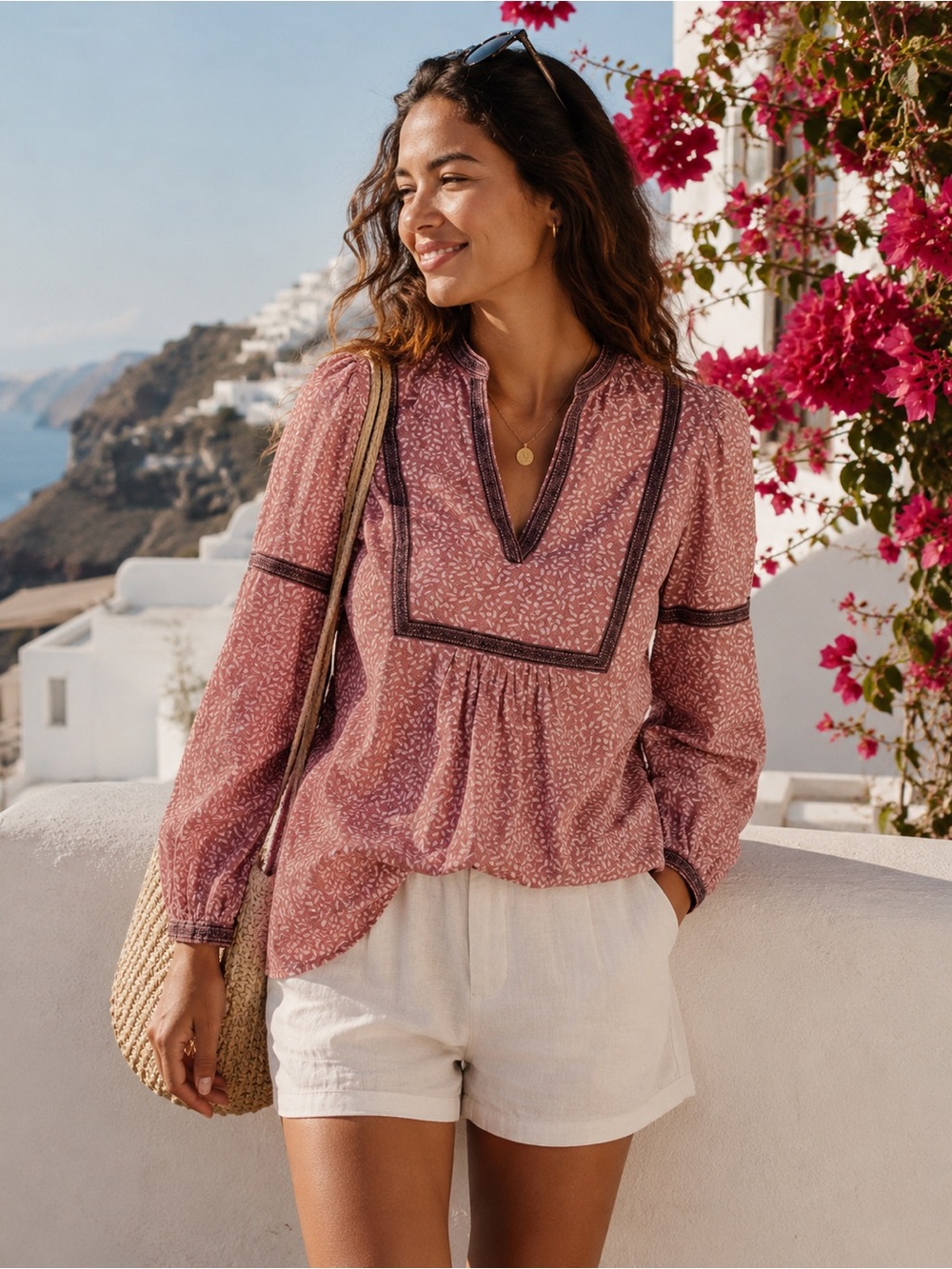 NEW Faherty Women’s Aurora Top VLK Mauve Leaf Batik Organic Cotton Size XS